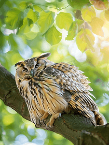 夏日里猫头鹰在栗树的树枝上睡觉的特写