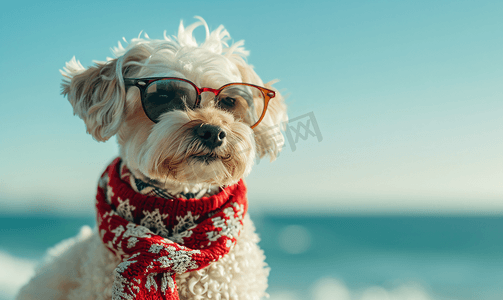 海边戴着圣诞围巾和眼镜的狗