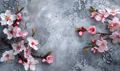 灰色混凝土背景上果树的春粉色花朵舔着
