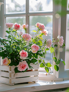 室内玫瑰花盆里和窗台上的白色木箱里