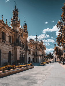 西班牙旅游摄影照片_西班牙萨拉戈萨美丽的大型历史宫殿在温暖的阳光明媚的日子