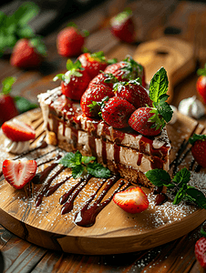 木盘子上的草莓蛋糕