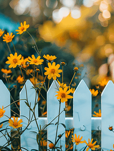 白色栅栏和黄色花朵
