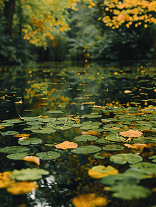 树木流水摄影照片_秋天河面上的浮萍