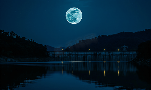 漆黑的夜空中反射满蓝的月亮和剪影大坝