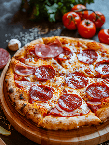 香肠披萨摄影照片_意大利辣香肠披萨配马苏里拉奶酪、萨拉米香肠和火腿