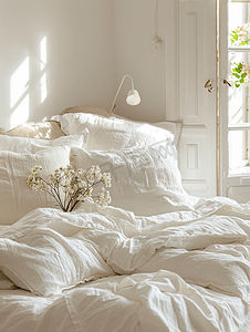 古人枕头摄影照片_卧室内有皱褶的床配有白色凌乱的枕头装饰