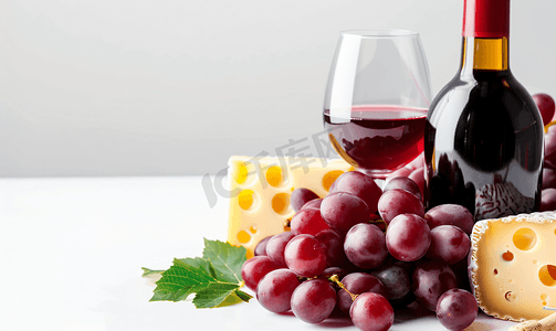 液体原料摄影照片_红酒瓶用葡萄和奶酪