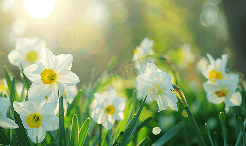 花园中的年轻白水仙花在阳光下特写春花