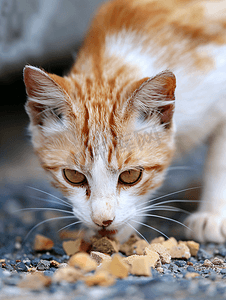 猫吃食物摄影照片_橙白色皮毛的流浪猫吃东西