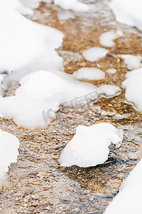 俯拍河道摄影照片_冬季大雪中的河道