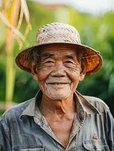 美食笑脸插画摄影照片_站在农场里笑脸的亚洲高级农民肖像