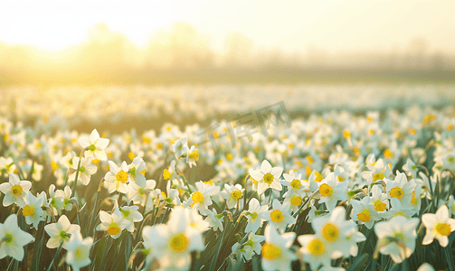 春天阳光明媚的白色和黄色水仙花田