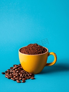 蓝色背景中的咖啡杯咖啡豆磨碎的咖啡