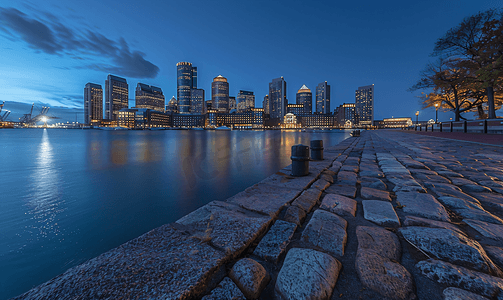 黄昏马萨诸塞州的波士顿港地平线