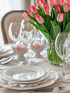 节日庆祝装饰摄影照片_节日餐桌布置白色盘子和郁金香
