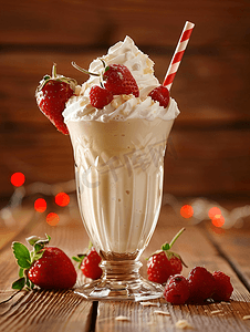 草莓奶昔木制背景浆果的冷夏季饮料