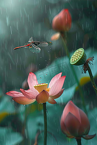 池塘荷花蜻蜓照片写实摄影图