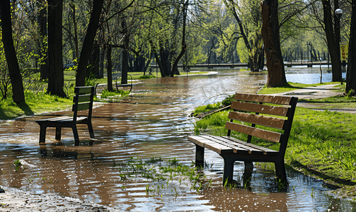 春季洪水淹没了公园的小路和长凳