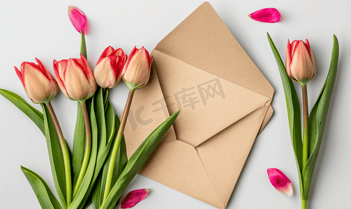 郁金香花和带信封顶视图的空白卡