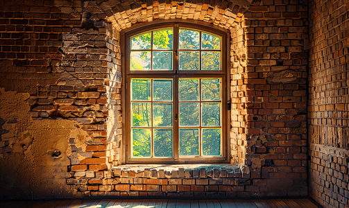 一栋旧砖砌建筑内的窗户
