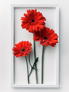 花瓣红色摄影照片_白色框架中的红色非洲菊花朵