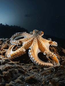 海底生活的摄影照片_星夜章鱼在夜晚的海底