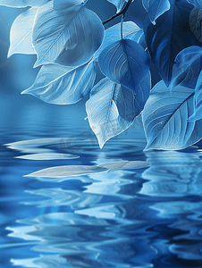 蓝色霓虹灯抽象背景与水中的叶子