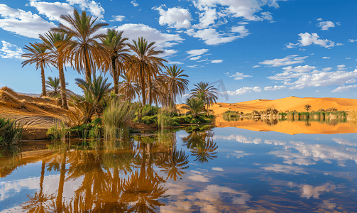 绿色的池塘摄影照片_撒哈拉沙漠中的绿洲和池塘
