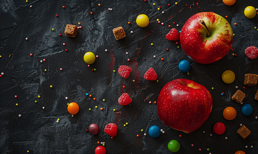 苹果肥胖摄影照片_深色背景下的糖果与苹果顶视图