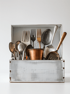 叉图标摄影照片_带餐具的厨房盒勺子叉子刀锅