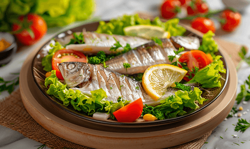 沙拉海鲜摄影照片_鲱鱼沙拉鱼片海鲜绿色混合叶生菜鱼素饮食