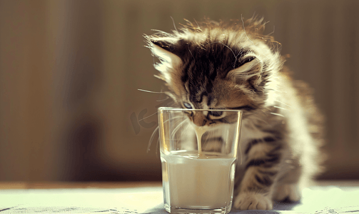 可爱的小猫看着牛奶倒入玻璃杯