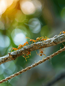 树枝上失焦背景下红树蚁在绳子上的特写