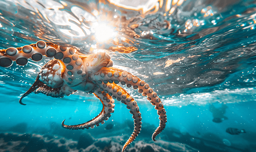 海底生活的摄影照片_公海中的巨型章鱼