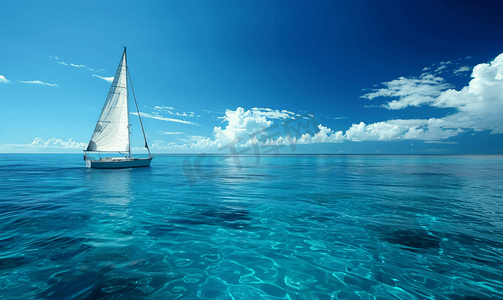 大海上的帆船摄影照片_航行在美丽宽广的蓝色大海上