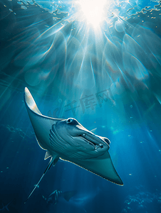 一只黄貂鱼在阳光下漂浮在水下侧视图特写