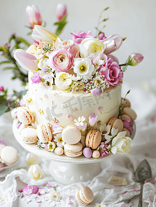 复活节食品摄影照片_复活节蛋糕香草蛋糕的细节用杏仁饼和鲜花装饰