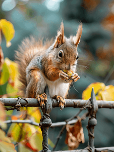 可爱的小松鼠坐在公园的尖刺栅栏上啃食物