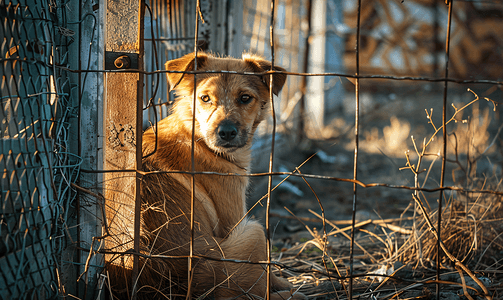 流浪动物摄影照片_被遗弃的狗和被关在笼子里