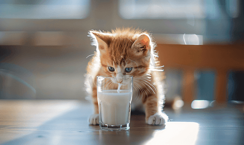 可爱的小猫看着牛奶倒入玻璃杯