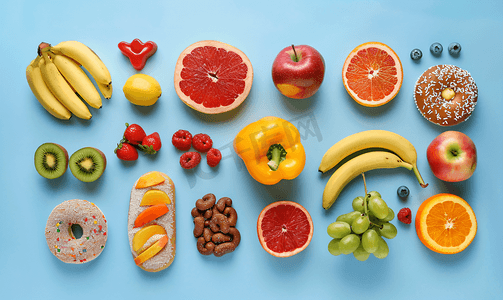 水果和蔬菜与糖果和快餐的顶视图平面躺在蓝色背景上
