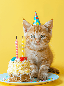 黄色的小猫与生日蛋糕庆祝