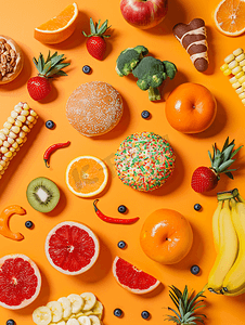 水果和蔬菜与糖果和快餐的顶视图平面躺在橙色背景上