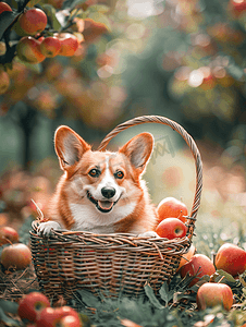 一只柯基犬躺在一座大苹果园里一篮熟透的苹果旁边