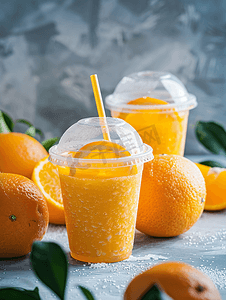 黄色果汁液体摄影照片_塑料杯橙汁饮料天然果汁或冰沙