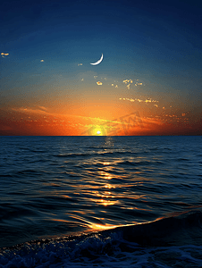 发光的太阳摄影照片_美丽的夏日夕阳深蓝色的天空可见的月亮和橙色的地平线