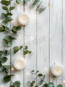 清明点蜡烛摄影照片_白色蜡烛与桉树叶在白色木制背景上