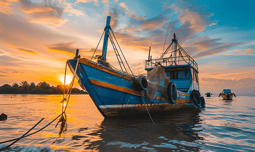 日落时渔船的锚