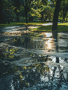 公园柏油路上下雨树影倒映